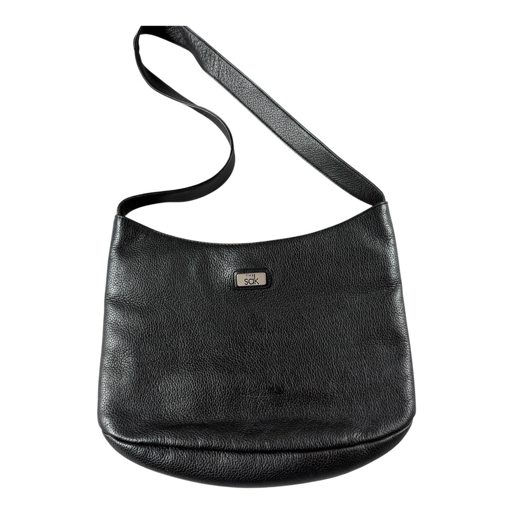 The Sak Black Pebbled Leather Crossbody Hobo Bag Silver Logo Purse